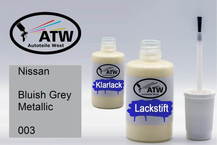 Nissan, Bluish Grey Metallic, 003: 20ml Lackstift + 20ml Klarlack - Set, von ATW Autoteile West.